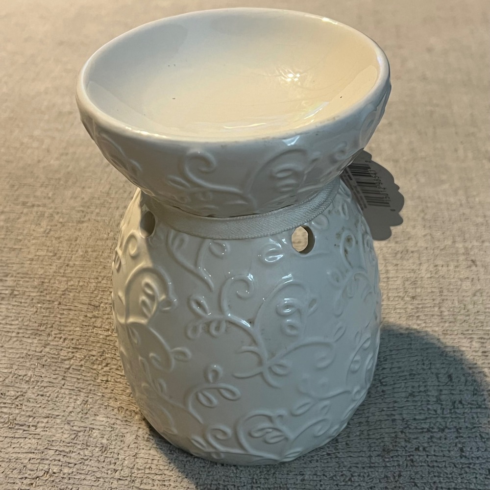Hallmark White Ceramic Wax Warmer Embossed Scroll Tea Light Fragrance Diffuser